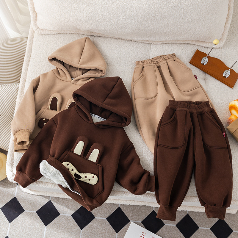 2pcs Baby Boy Padded Hooded Sweatshirt with Knot Bear Dolls Set