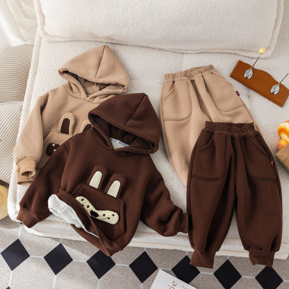 2pcs Baby Boy Padded Hooded Sweatshirt with Knot Bear Dolls Set