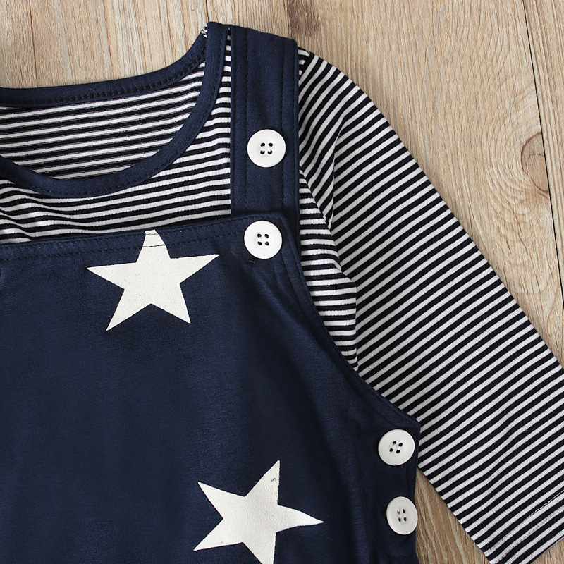Baby Boy Stars and Stripes Suspenders Trousers + Long-sleeved T-shirt with hat three-piece set