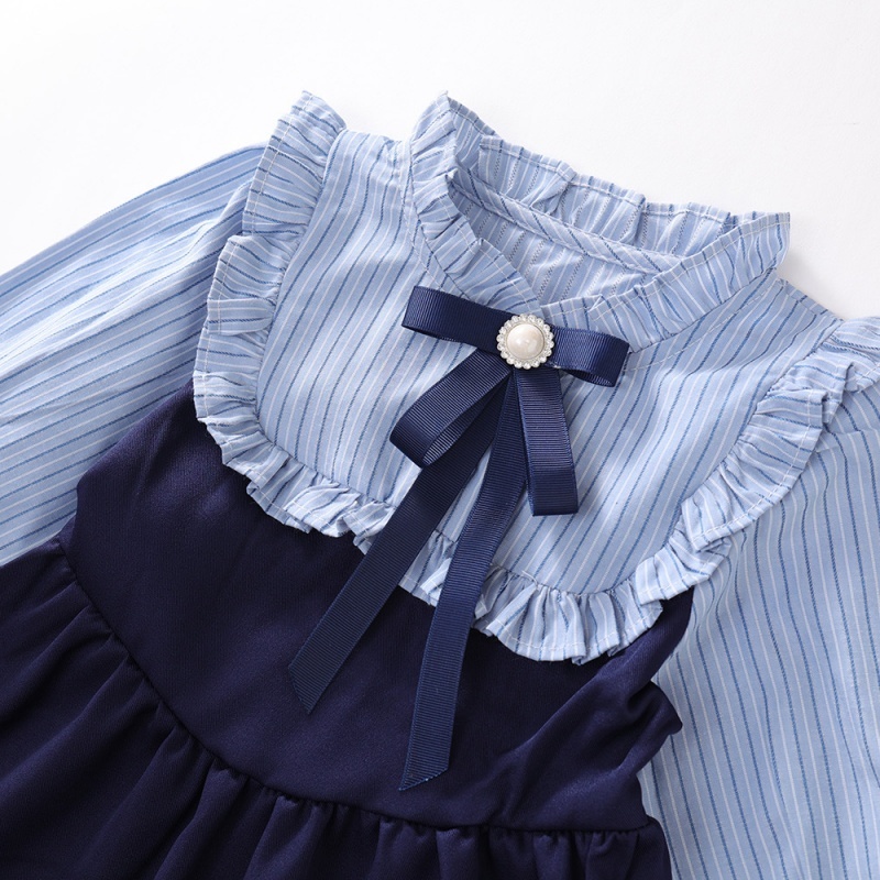 Baby Girl College Style False Two Piece Striped Clashing Long Sleeve Dress