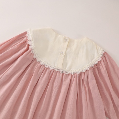 Baby Girl Pink Bubble Sleeve Bear Embroidered Long Sleeve Dresses