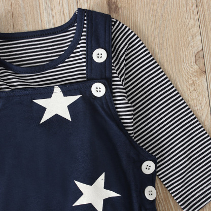 Baby Boy Stars and Stripes Suspenders Trousers + Long-sleeved T-shirt with hat three-piece set