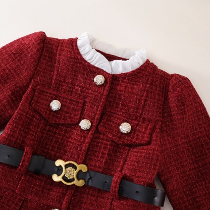 Baby Girl Tweed waisted padded and thickened pleated Long Sleeve Dress