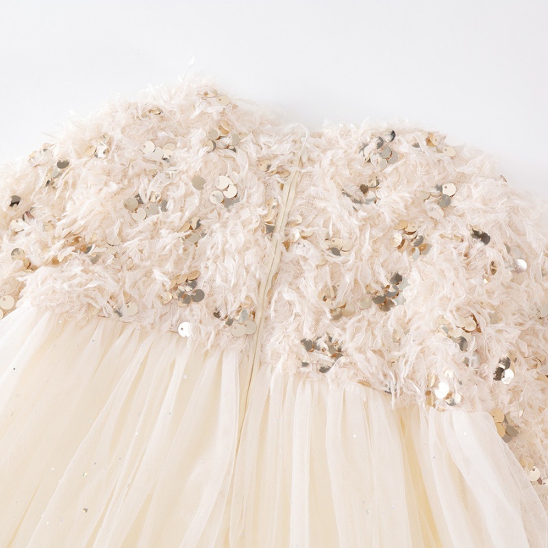 Baby Girl Fringe Trim Sequins Padded Long Sleeve Dress