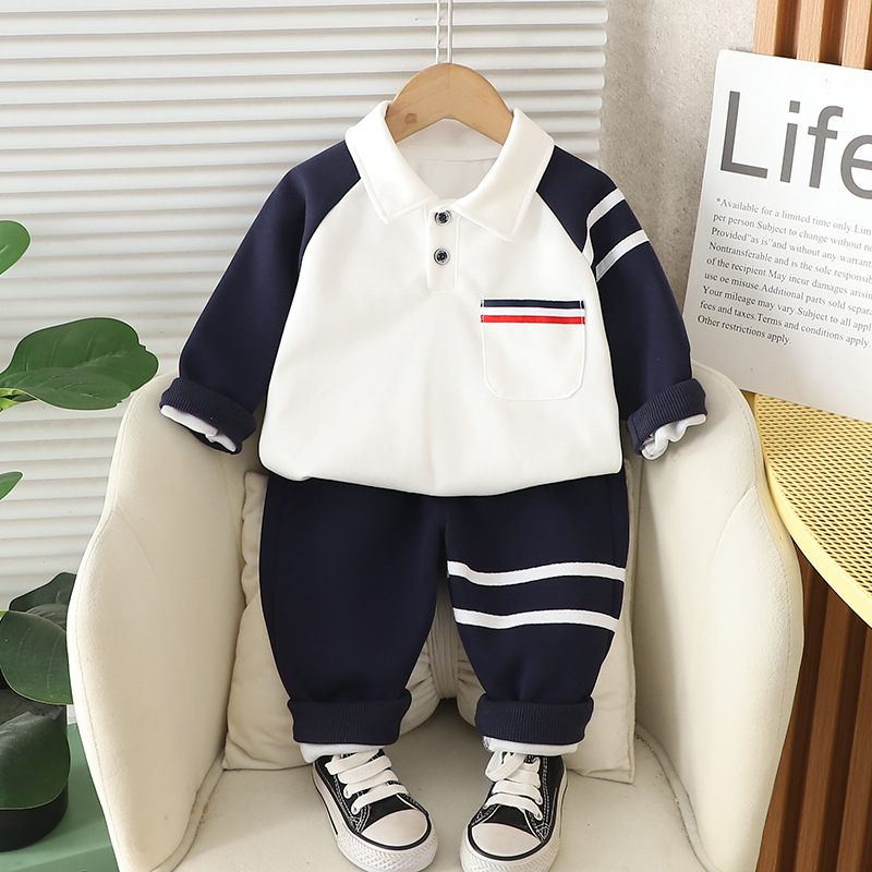 2pcs Baby Boy Colour Block Stripe Polo Shirt Long Sleeve Set