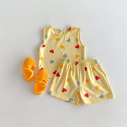2pcs Baby Boy/Girl Thin Cotton Love Dot Print Sleeveless T-Shirt with Pant Set