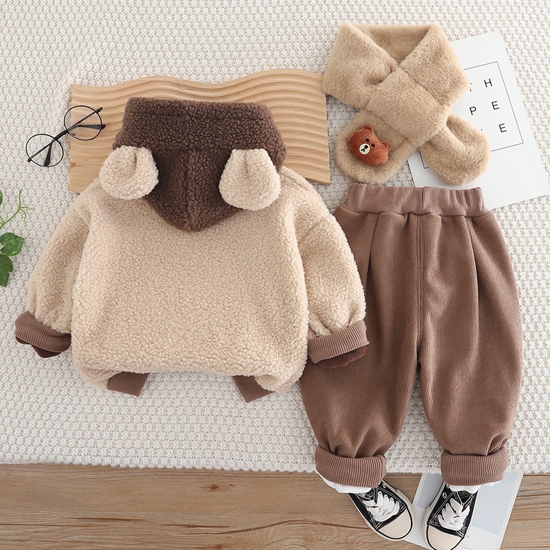 2pcs Baby Boy/Girl Bear Thickened Hooded with Scarf Set