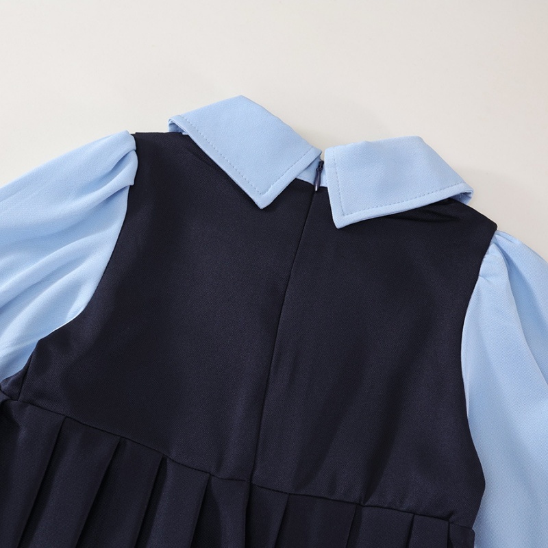 Baby Girl College Style Fake Two Piece Bow Long Sleeve Pleated Dress