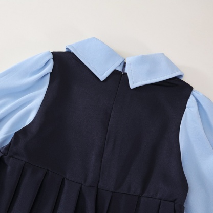 Baby Girl College Style Fake Two Piece Bow Long Sleeve Pleated Dress