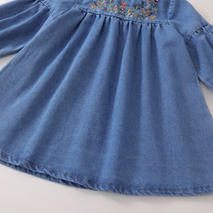 Baby Girl Ethnic Embroidered Denim Skirt Long Sleeve Dresses