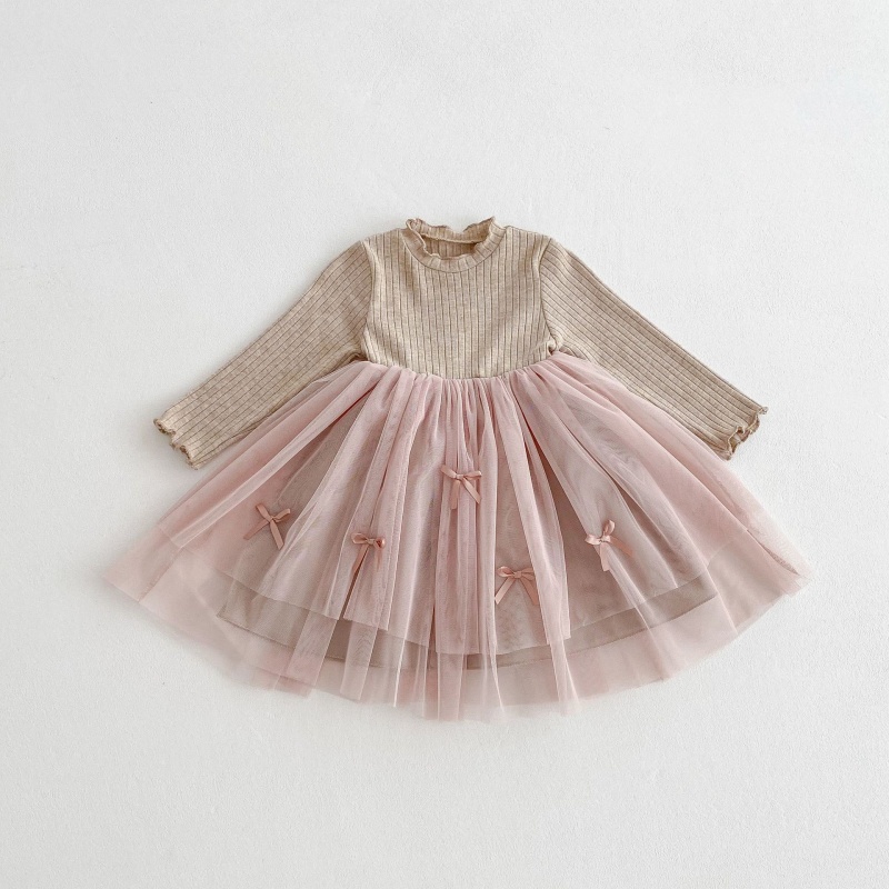 Baby Girl Colour Threaded Wooden Earring Patchwork Long Sleeve Dress