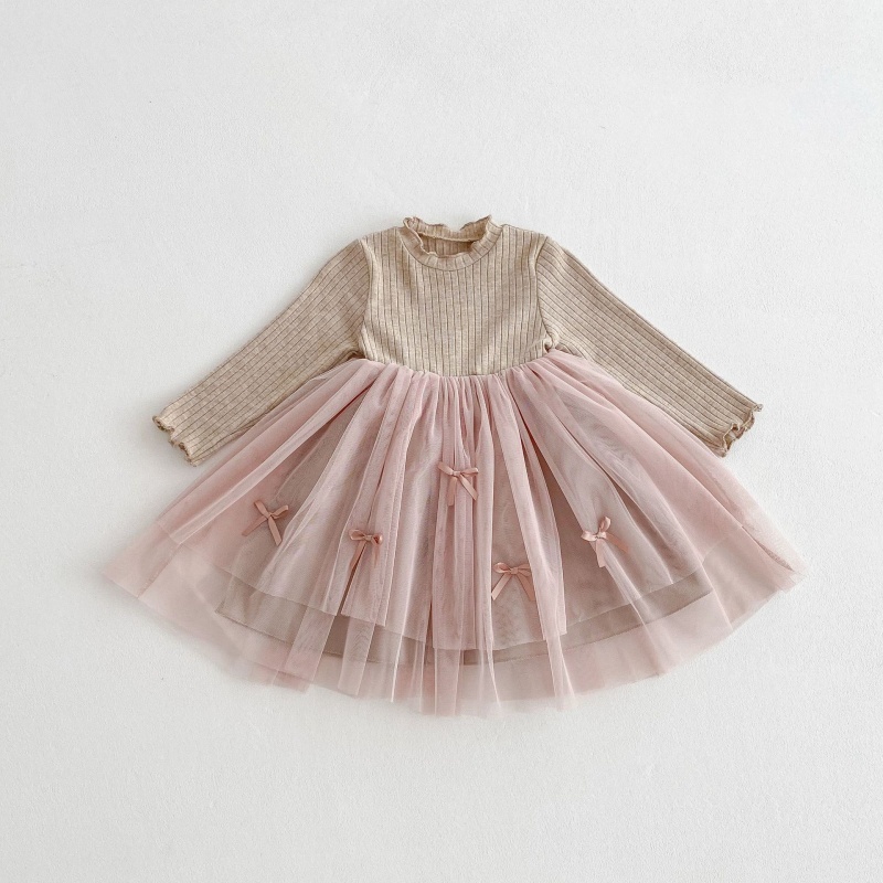 Baby Girl Colour Threaded Wooden Earring Patchwork Long Sleeve Dress