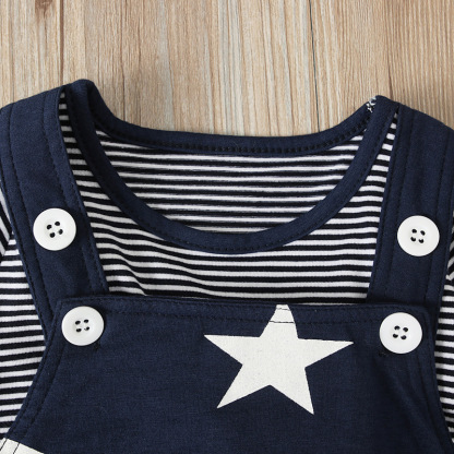 Baby Boy Stars and Stripes Suspenders Trousers + Long-sleeved T-shirt with hat three-piece set