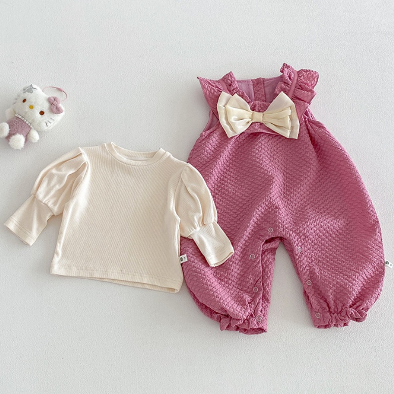 Baby Girl Solid Color Long Sleeve T-shirt and Bow Romper / Bodysuit