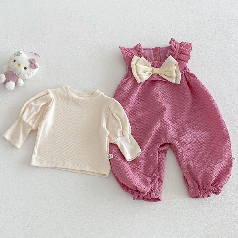 Baby Girl Solid Color Long Sleeve T-shirt and Bow Romper / Bodysuit