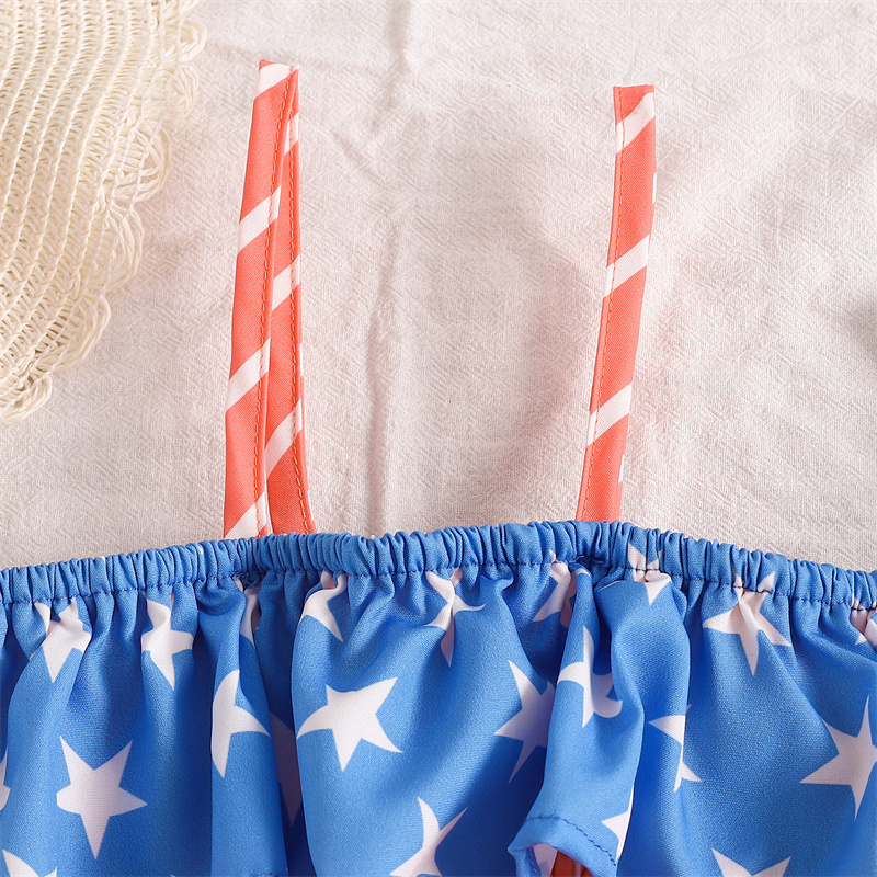Baby Girl Independence Day Stars and Stripes Print Sling-shirt+ Pant 2pcs Set