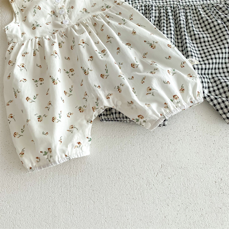 Baby Girl Floral Plaid Sleeveless Romper+ Hairband 2pcs set
