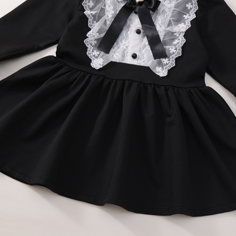 Baby Girl Black Hepburn Style Lace Bow Long Sleeve Dress