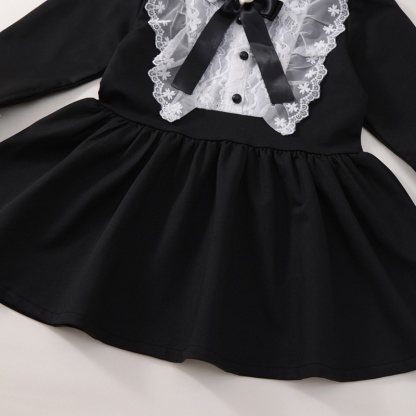 Baby Girl Black Hepburn Style Lace Bow Long Sleeve Dress