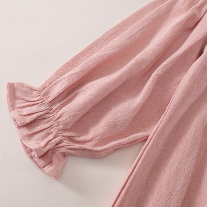 Baby Girl Pink Bubble Sleeve Bear Embroidered Long Sleeve Dresses