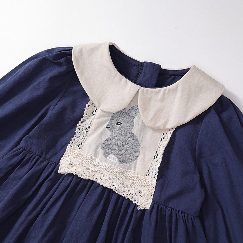 Baby Girl Babydoll Collar Bunny Embroidery Long Sleeve Dresses