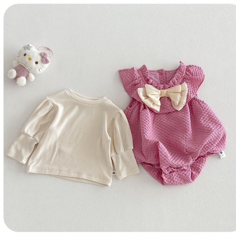 Baby Girl Solid Color Long Sleeve T-shirt and Bow Romper / Bodysuit