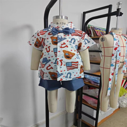 2pcs Baby Boy Independence Day Flag Print Bow Tie Shirt with Pant Set