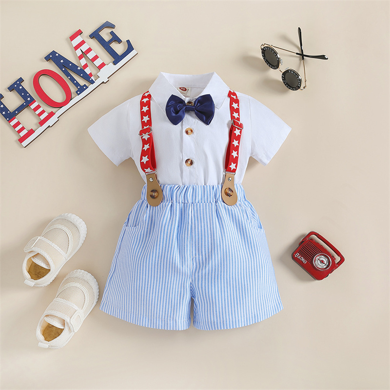 Baby Boys Independence Day Stars and streaks Gentlemen T-shirt+Suspenders 2pcs Set