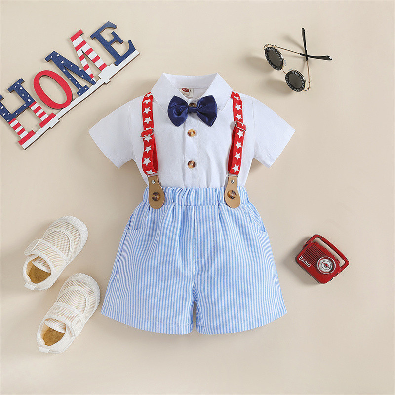 Baby Boys Independence Day Stars and streaks Gentlemen T-shirt+Suspenders 2pcs Set