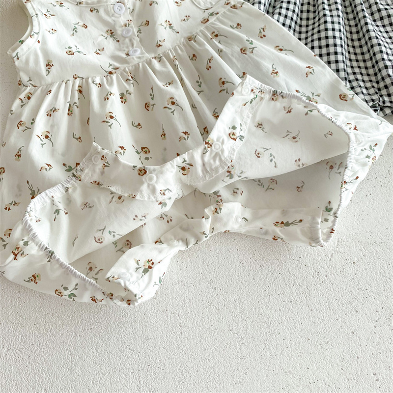Baby Girl Floral Plaid Sleeveless Romper+ Hairband 2pcs set