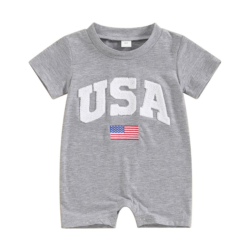 Baby Boys Embroidered Independence Day Alphabet USA Short Sleeve Rromper