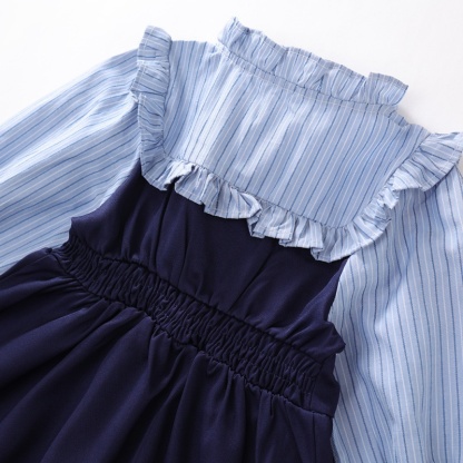 Baby Girl College Style False Two Piece Striped Clashing Long Sleeve Dress