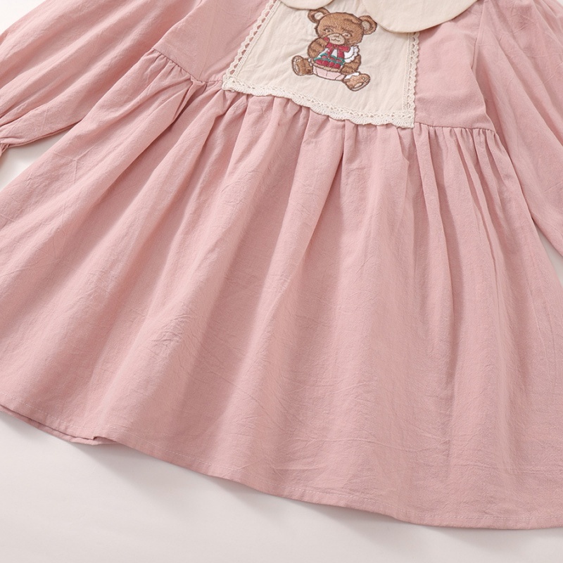 Baby Girl Babydoll Collar Bear Embroidery Long Sleeve Dresses