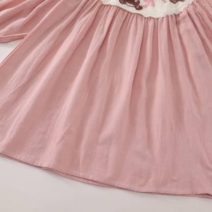 Baby Girl Pink Bubble Sleeve Bear Embroidered Long Sleeve Dresses