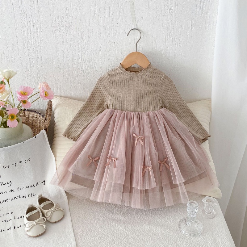 Baby Girl Colour Threaded Wooden Earring Patchwork Long Sleeve Dress