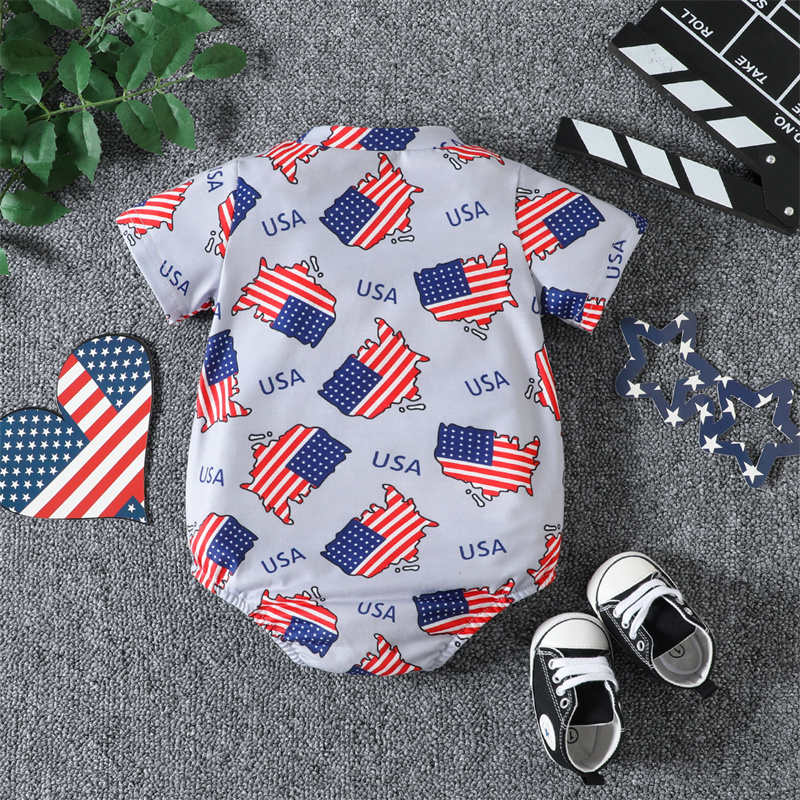 Baby Boy/Girl Independence Day Flag Print Short Sleeve Bodysuit