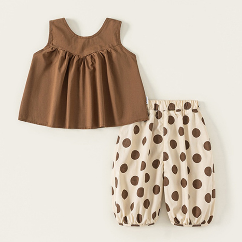 Baby Toddler Girl Summer Bowknot Solid Color Sleeveless Tank Top & Polka Dot Pants Set