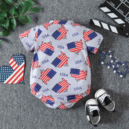 Baby Boy/Girl Independence Day Flag Print Short Sleeve Bodysuit