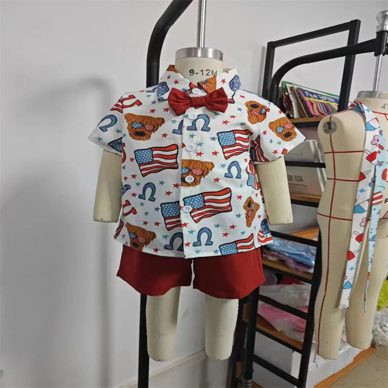 2pcs Baby Boy Independence Day Flag Print Bow Tie Shirt with Pant Set