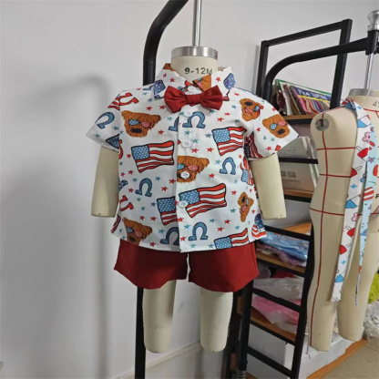 2pcs Baby Boy Independence Day Flag Print Bow Tie Shirt with Pant Set