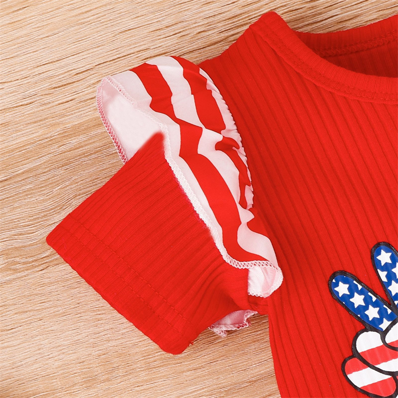 Baby Girl Independence Day Letter USA Print Lace Short Sleeve Romper with Hairband 