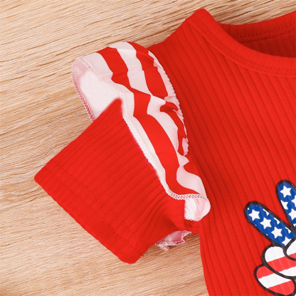 Baby Girl Independence Day Letter USA Print Lace Short Sleeve Romper with Hairband 