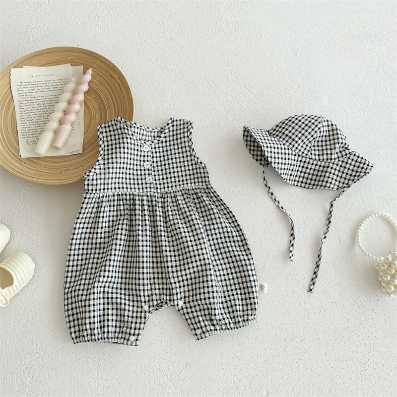 Baby Girl Floral Plaid Sleeveless Romper+ Hairband 2pcs set