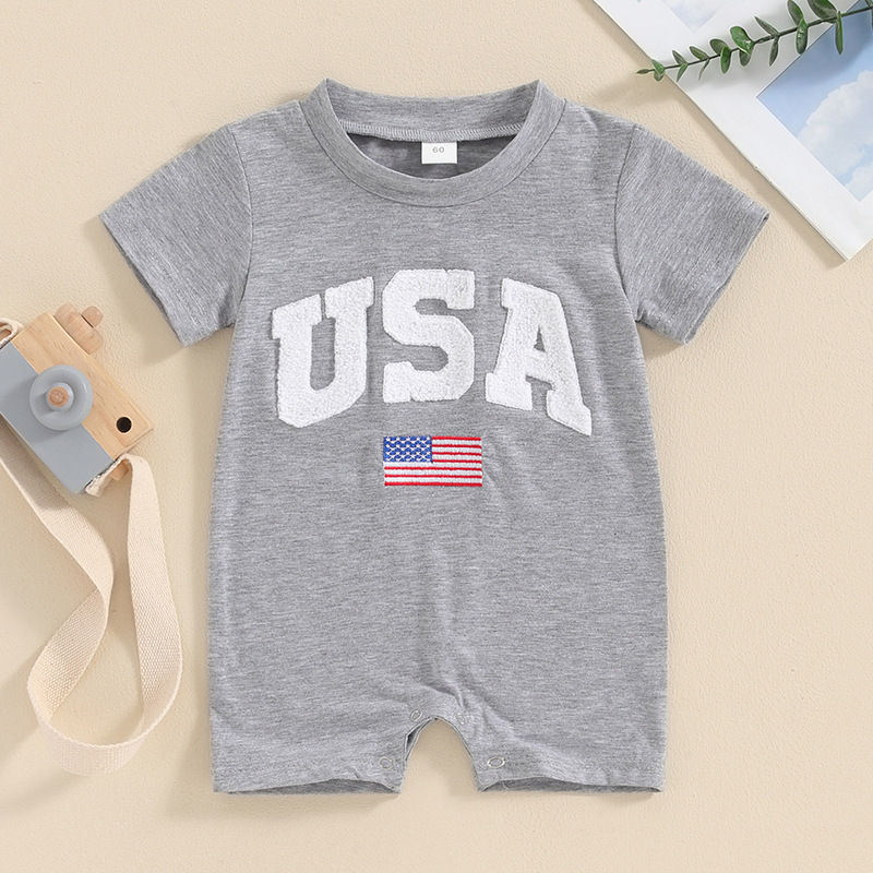 Baby Boys Embroidered Independence Day Alphabet USA Short Sleeve Rromper