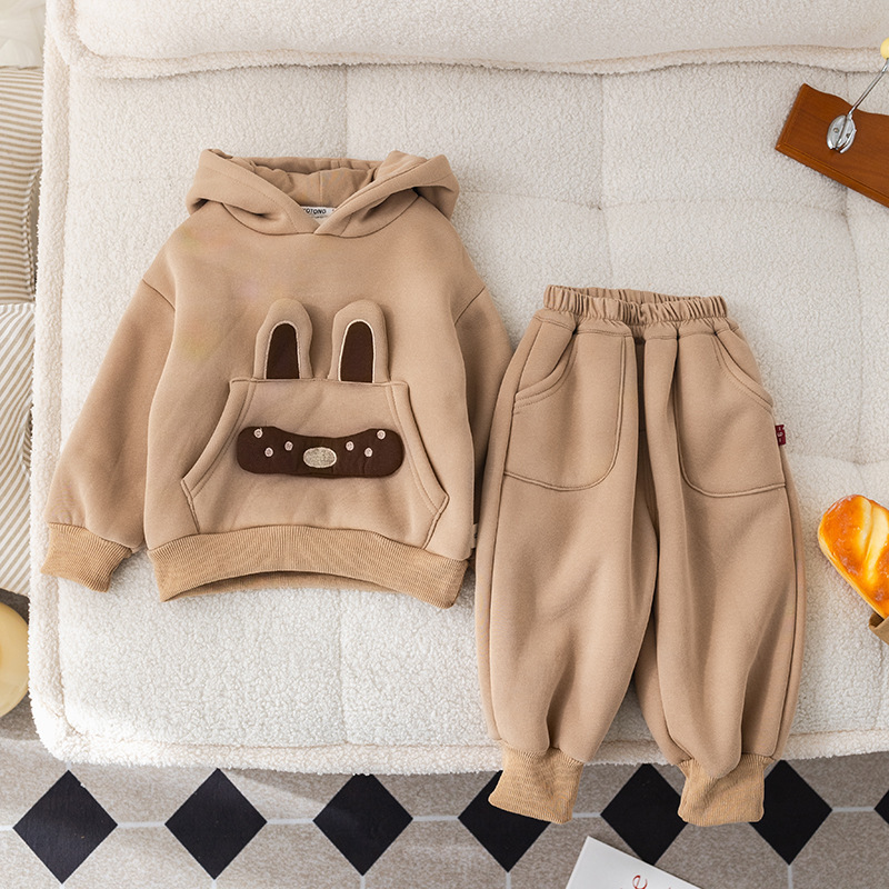 2pcs Baby Boy Padded Hooded Sweatshirt with Knot Bear Dolls Set