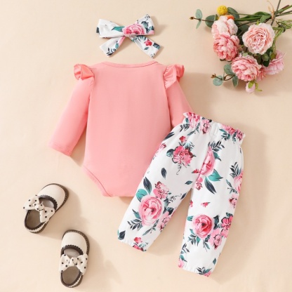 2pcs Baby Girl Cute Alphabetical Flowers Bow Long Sleeve Set With Hairband