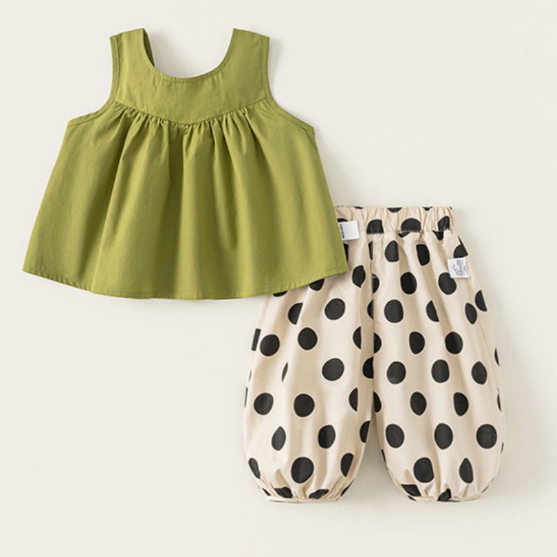 Baby Toddler Girl Summer Bowknot Solid Color Sleeveless Tank Top & Polka Dot Pants Set