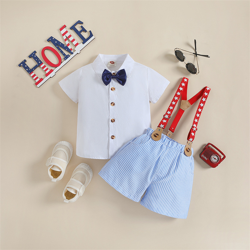 Baby Boys Independence Day Stars and streaks Gentlemen T-shirt+Suspenders 2pcs Set