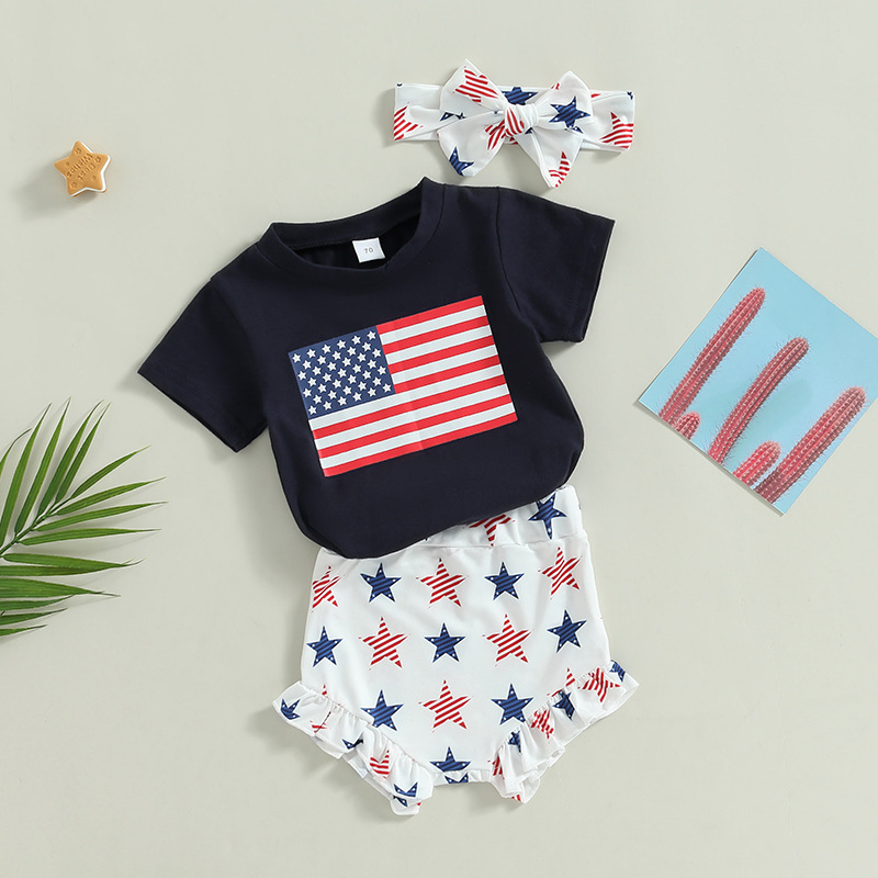  Baby Boy/Girl American Flag Print T-shirt + High-waisted Pant +Hairband Three-piece Set