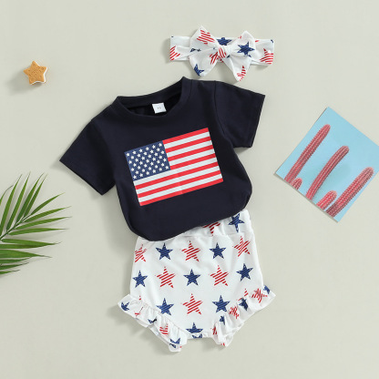  Baby Boy/Girl American Flag Print T-shirt + High-waisted Pant +Hairband Three-piece Set